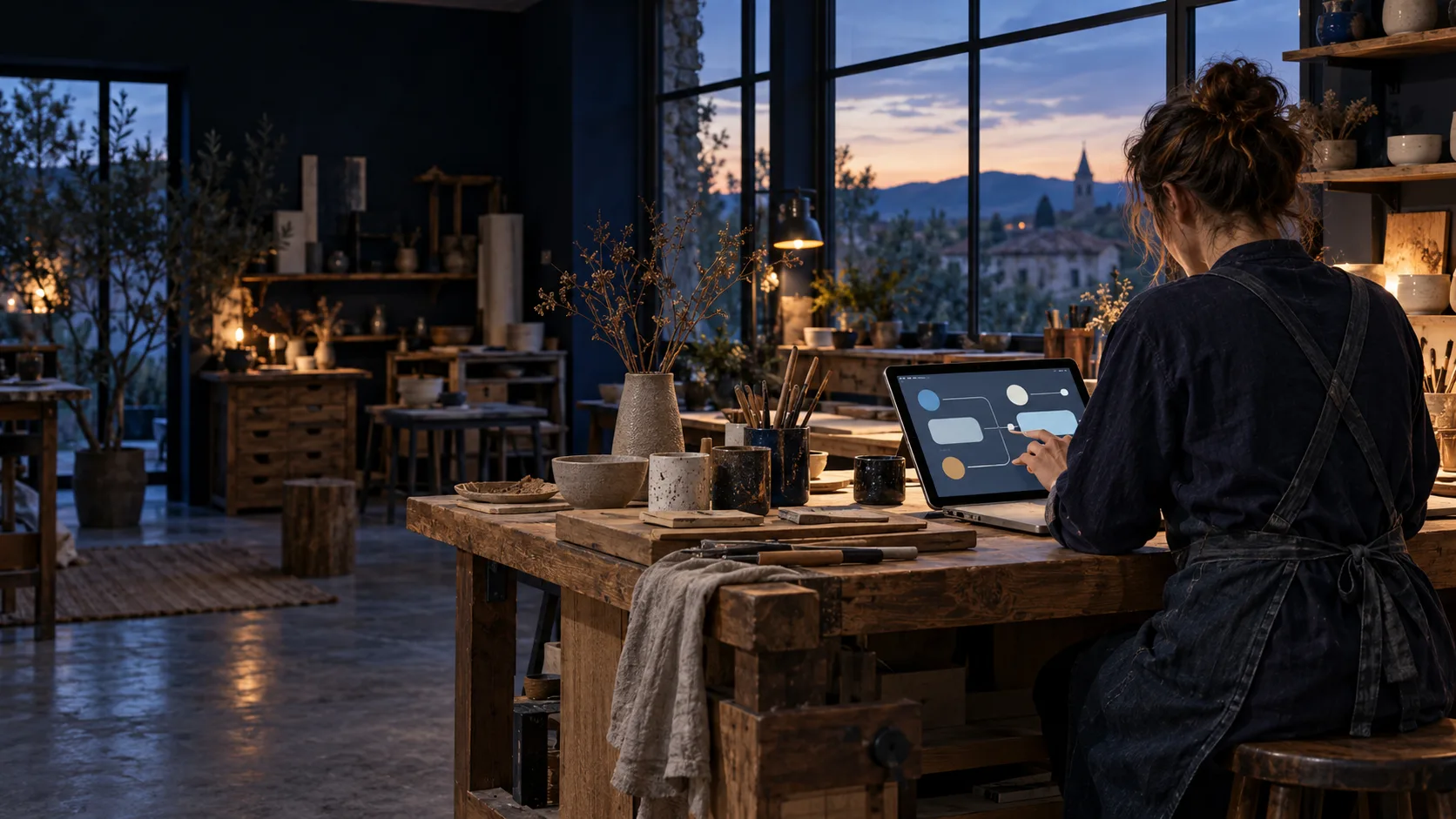 Une artisane de dos consulte une tablette dans un atelier de céramique à la lumière du soir.